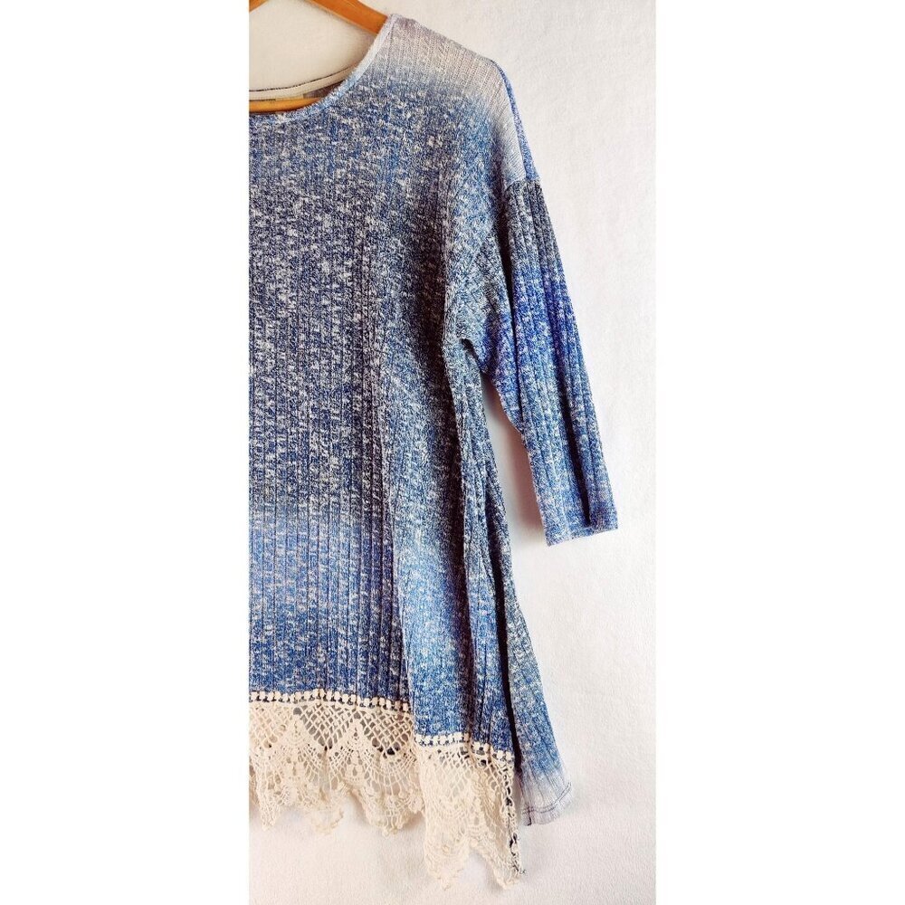 Tunic Soft Stretch Knit Crotchet Trim Faded Glory Shades of Blue Cotton Cottage - Picture 5 of 8